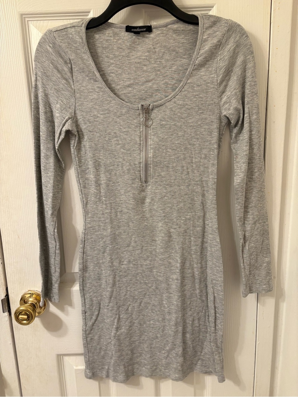 Ambiance Light Gray Ribbed Long Sleeve Zip Front Dress
